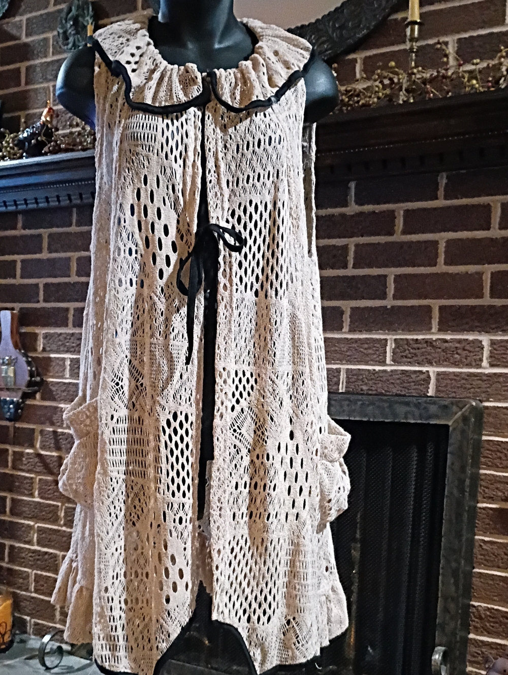 Crochet Cover-Up Dress in Beige with Black Trim